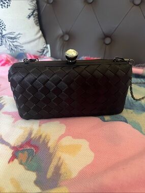 Black Woven Satin Clutch with Crystal Kiss Lock